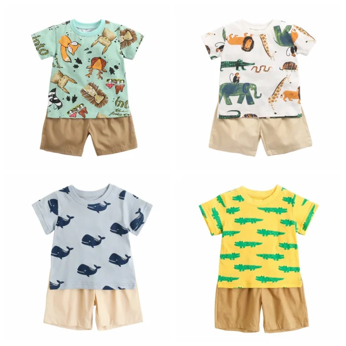 Cartoon Boys Clothing Sets Summer Short Sleeve Cotton Baby Tops + Baby Shorts 2Pcs Casual