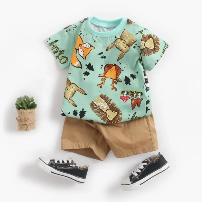 Cute Infants Boys Clothing Sets Cotton Short Sleeve Baby Tops + Shorts 2Pcs Newborn Cartoon Clothes