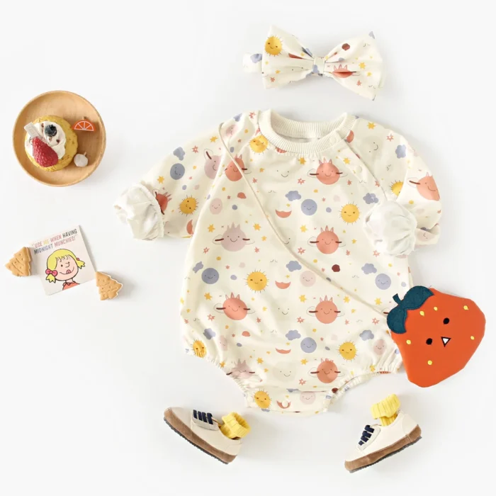 Autumn Long Sleeve Baby Girls Bodysuits Toddler Clothing Onesies with Headband Cute