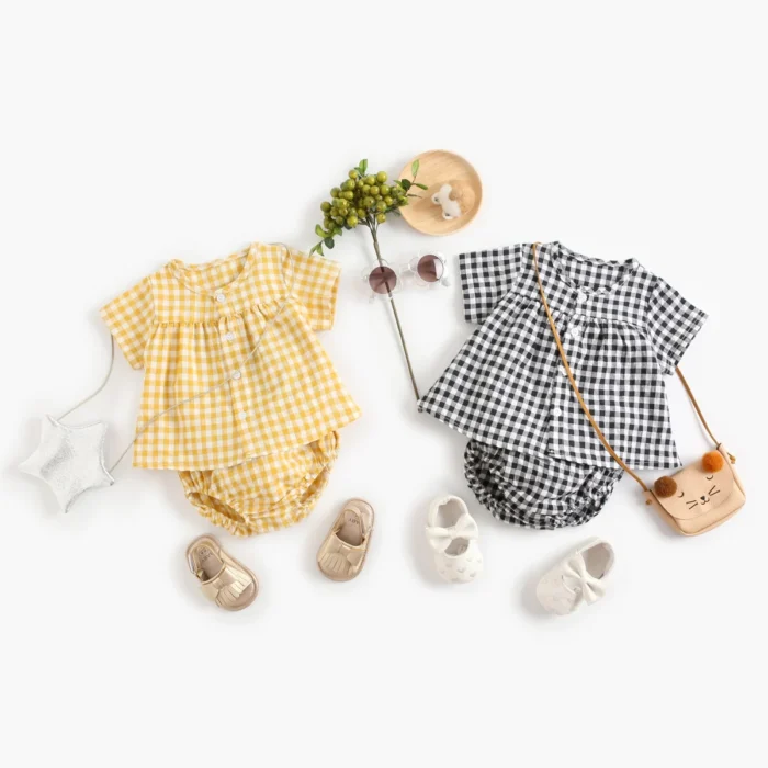 Newborn Baby Girls Clothing Sets Cotton Infant Clothing Summer Baby Tops + Shorts 2pcs Short Sleeve Plaid