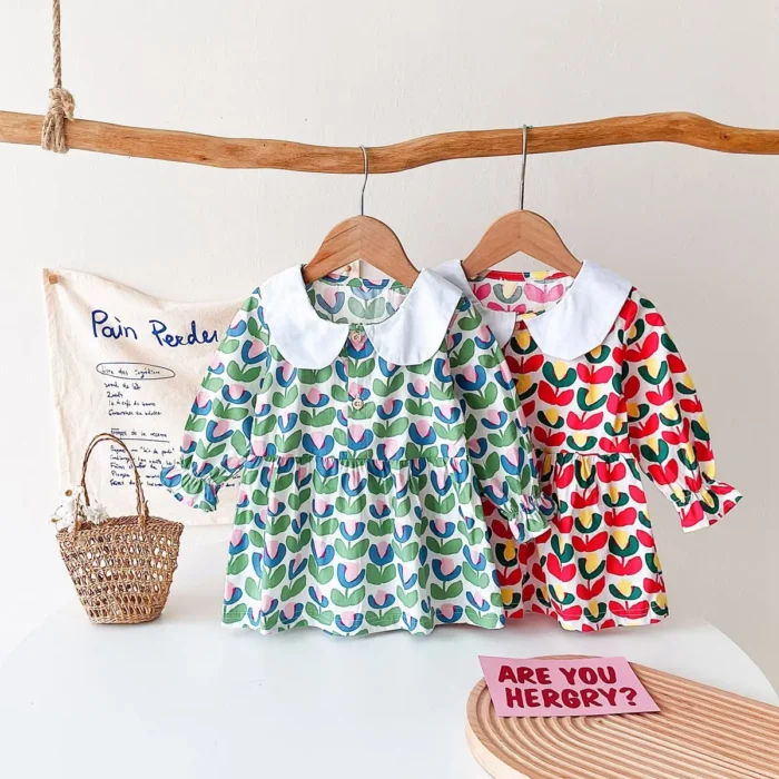 Spring Autumn Princess Girls Dress Long Sleeve Floral Cotton Toddler Kids Dress Holiday