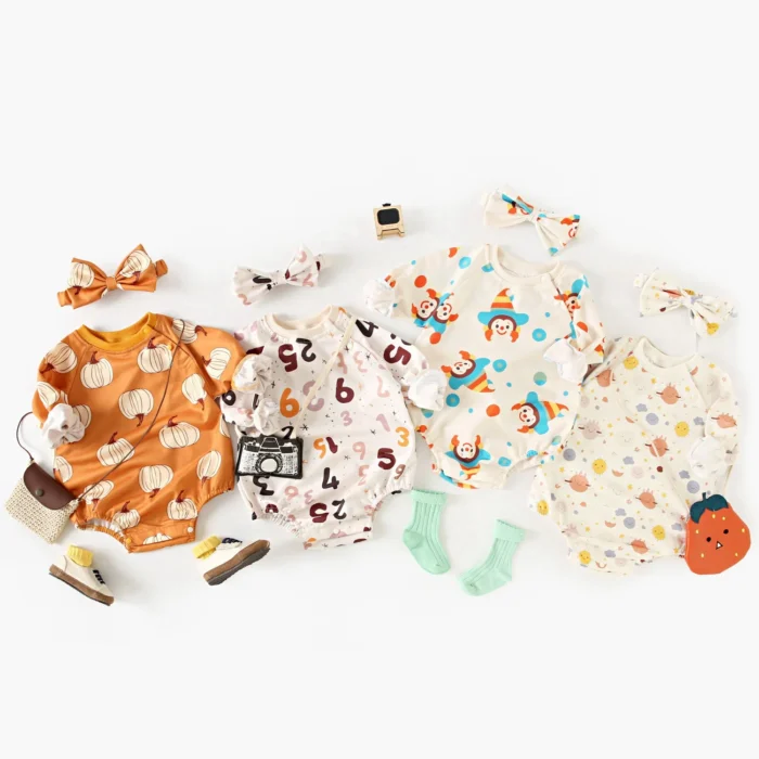 Halloween Long Sleeve Baby Bodysuits Autumn Infants Onesies Clothing with Headband Cute