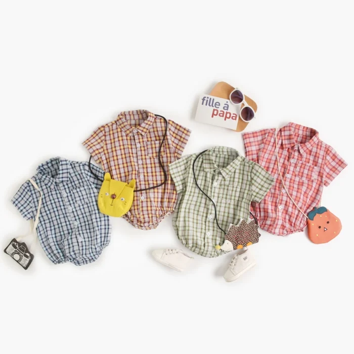Summer Newborn Baby Boys Girls Bodysuits Cotton Short Sleeve Boys Shirts Clothing Grid Gentle