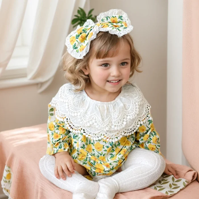 Floral Autumn Long Sleeve Baby Girls Bodysuits Toddler Clothing Cotton Lace with Headband