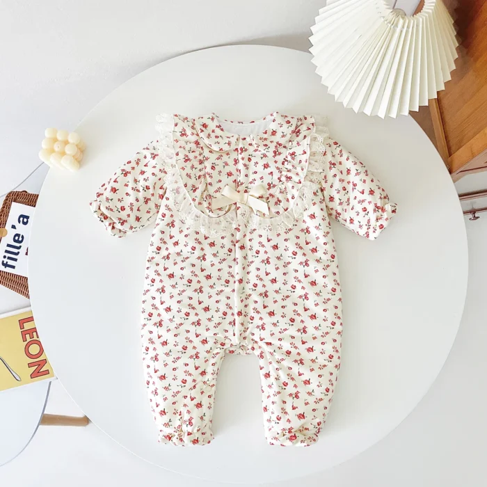 Winter Warm Floral Baby Girls Rompers Princess Long Sleeve Toddler Girls Clothing Jumpsuits Cute Lace