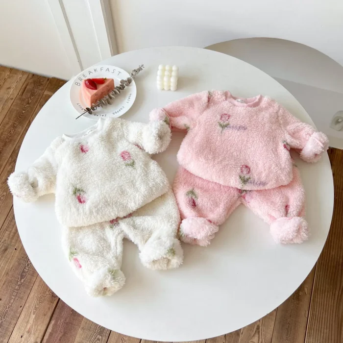 Long Sleeve Little Kids Tops + Pants 2Pcs Winter Warm Cute Fleece Thickened Baby Outfits Sets Clothing