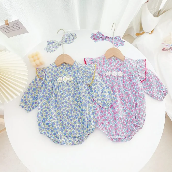Autumn Infants Girls Bodysuits Long Sleeve Cute Baby Girls Clothing Onesies Floral with Headband