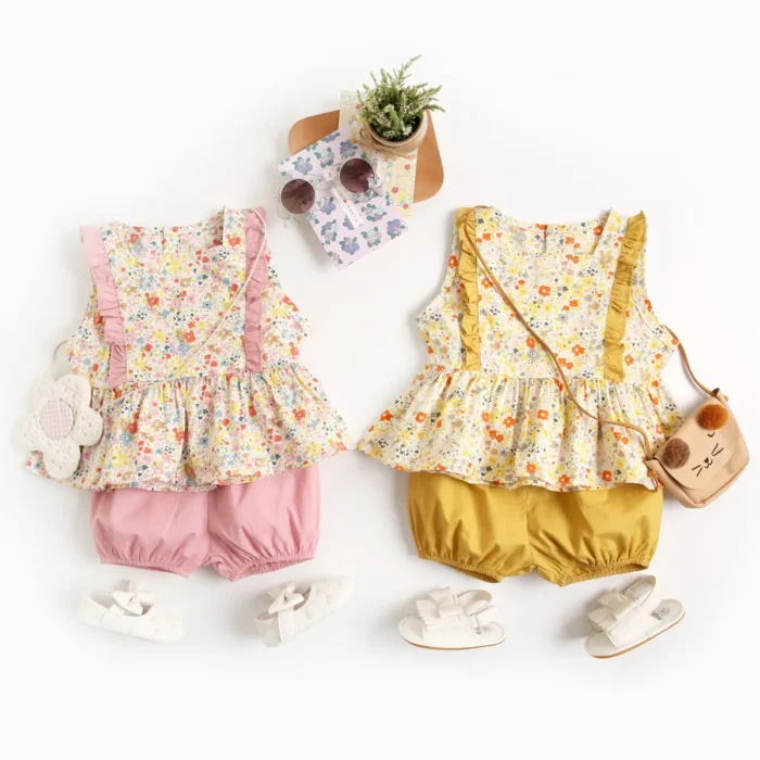 Baby Girls Summer Outfit Adorable Floral Vest and Shorts Set in Pure Cotton Fabric Charming