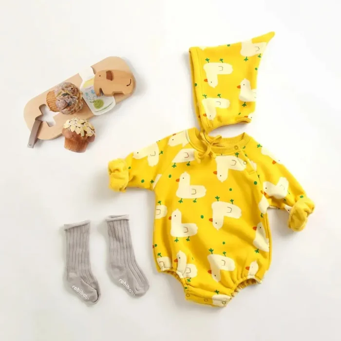 Long Sleeve Unisex Baby Bodysuits Cotton Toddler Onesies Winter Clothing Warm with Hat Cute Animal