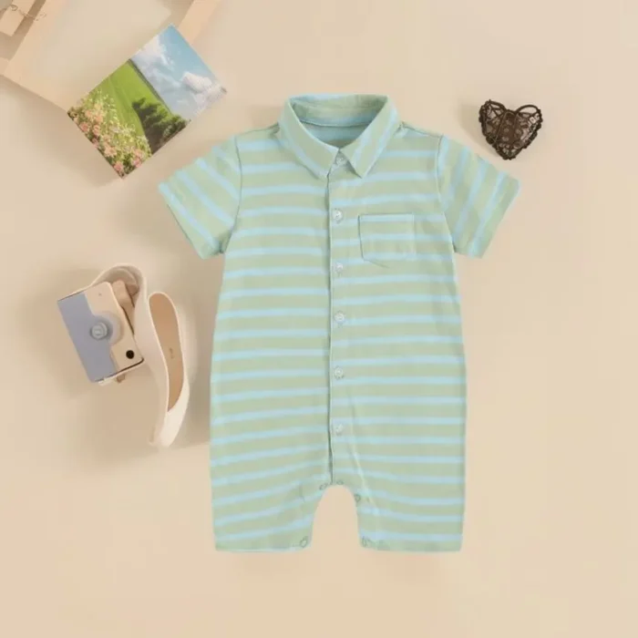 Cute Short Sleeve Toddler Boys Rompers Summer Gentle Infants Striped Cotton Clothing